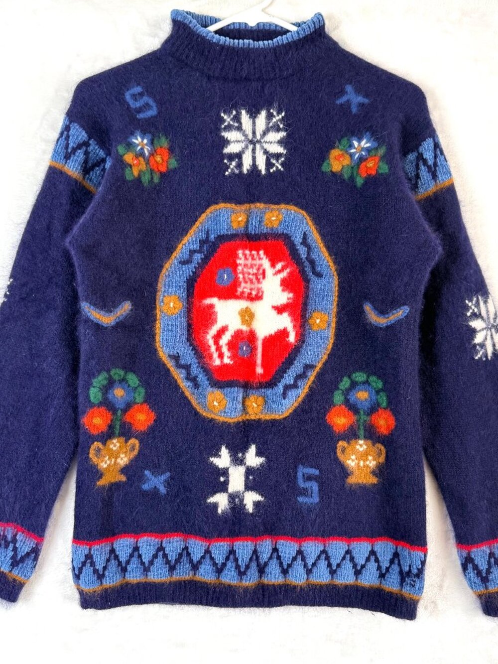 VTG RAFAELLA Angora Lambswool Reindeer Holiday Christmas Embroidered Sweater S